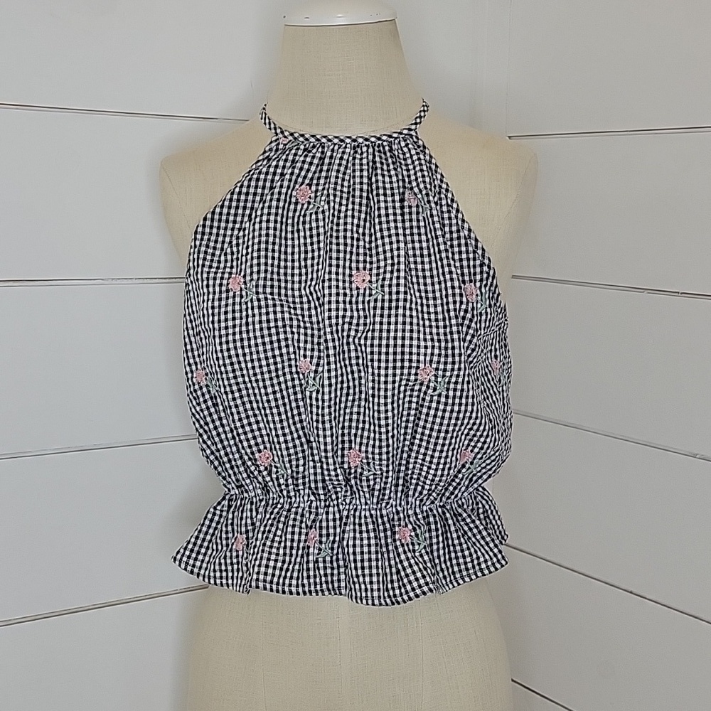 Re:named small black & white gingham w/ pink embroidered flowers sleeveless top